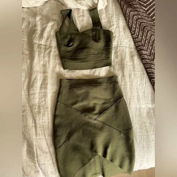 Olive Green Bandeau Crop Top & Pencil Skirt - Picture 1 of 5